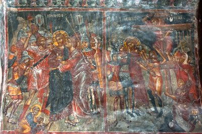 Antichi affreschi; pitture murali; bacio di Giuda; Crocifissione di Gesù; Chiesa Panagia e Sotiras; chiesa greco-ortodossa; Roustika; Creta; Grecia da Unbekannt
