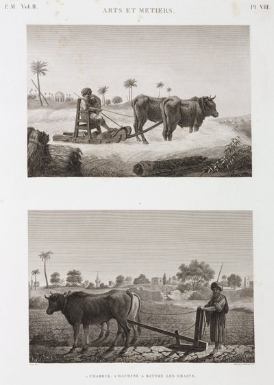 Agricoltura arabile, aratura, trebbiatrice e aratro, Egitto, c 1798 da Unbekannt
