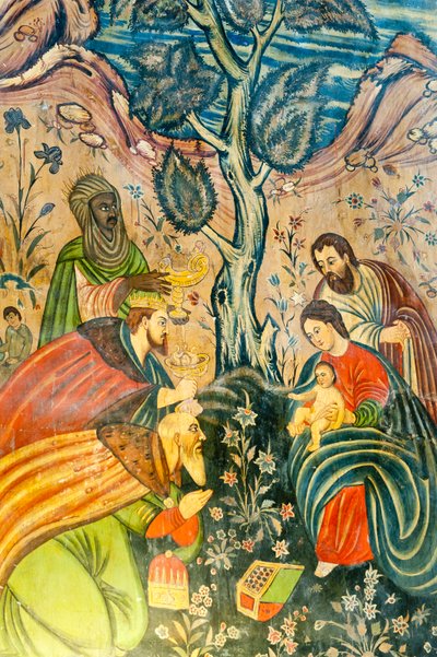 Chiesa Apostolica Armena; murale; Adorazione dei Magi; Gesù Cristo; Maria e Giuseppe; i Tre Re Magi offrono doni; Chiesa di Betlemme o Chiesa di Bedkhem; distretto di Julfa o Jolfa; Isfahan; Iran; Asia da Unbekannt