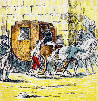 Arresto di Luigi XVI e della sua famiglia in fuga a Varennes il 21 giugno 1791. Incisione in "Histoire de France". Serie di immagini pubblicitarie pubblicate per conto di Louit, 24 rue d