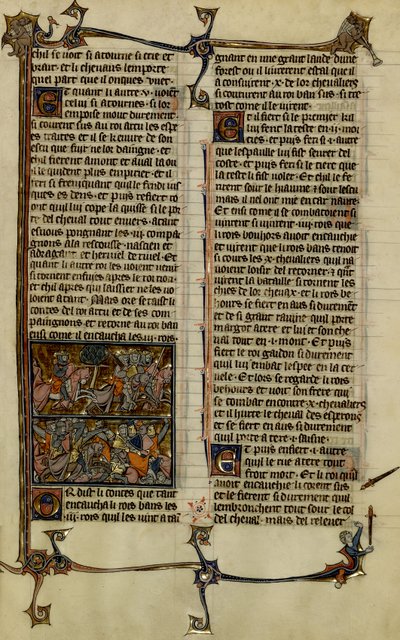 Leggenda arturiana (ricerca del Santo Graal): Benoic insegue i Sassoni e la battaglia di Danablaise, due miniature estratte dal manoscritto Storia di Merlino, datato tra il 1280-1290 da Unbekannter Künstler