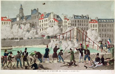 Attacco del Municipio di Parigi e la battaglia del ponte di Arcola, 28 luglio 1830 (incisione) da Unbekannter Künstler