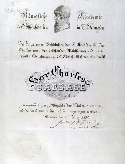 Diploma onorario di Babbage assegnato a Charles Babbage da Unbekannt