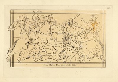 Scena di battaglia con cavalieri in elmi cilindrici e cotte di maglia, surcotti araldici e scudi con stemmi da Unbekannt