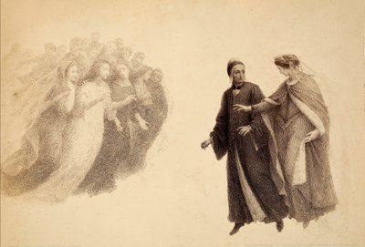 Beatrice, nel firmamento del Paradiso, indica a Dante un gruppo di anime. Illustrazione del Canto III del Paradiso della Divina Commedia di Dante Alighieri. Opera di Francesco Scaramuzza dedicata al Comune di Firenze. da Unbekannter Künstler