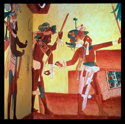 Signori di Bonampak in costumi piumati danzano in celebrazione dopo una vittoria militare, Maya c.800 da Unbekannter Künstler