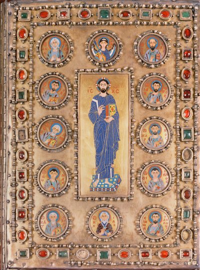 Copertina del libro raffigurante Cristo che benedice, con tondi raffiguranti santi da Unbekannt