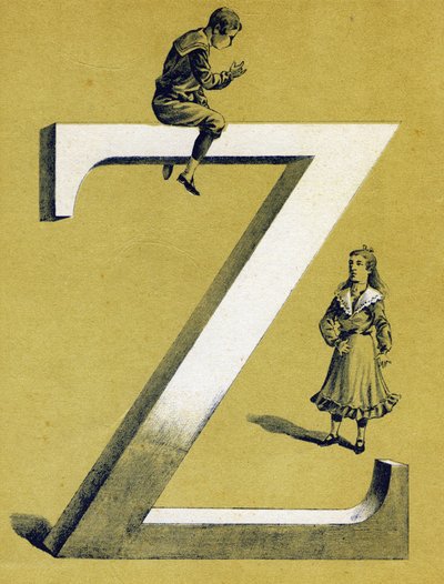 Ragazzo seduto sulla lettera Z e bambina in piedi sotto di lui. Alfabeto illustrato. Imagerie riunite a Jarville-Nancy, inizio XX secolo. Dim: 40 x 29 cm. Litografia su sfondo bistro da Unbekannt