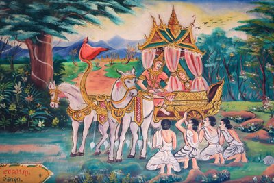 Buddha e la Principessa Yashodhara e il loro figlio, Rahula. Vita del Buddha. Dipinti murali, Wat Inpeng, Vientiane, Laos da Unbekannt