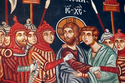 Affresco bizantino del XV secolo Giuda tradisce e l