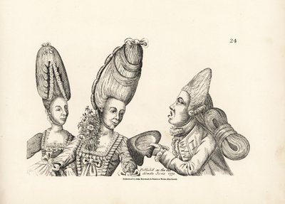 Caricatura delle mode della fine del XVIII secolo: donne con parrucche alte con giardino di fiori nel seno, e maccheroni con parrucca alta con massa di capelli stravagante legata dietro. Incisione su rame dopo un
