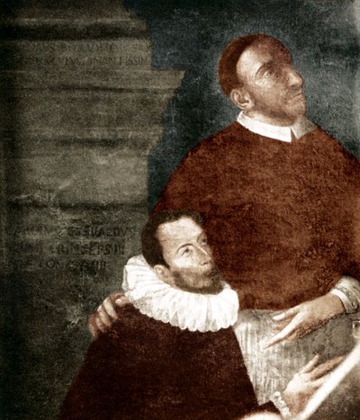 Carlo Gesualdo, Principe di Venosa. 1560-1613. In pittura con suo zio Carlo Borromeo. Gesualdo è la figura inginocchiata. Il dipinto è appeso a Gesualdo, chiesa di Santa Maria delle Grazie (Convento dei Frati Cappuccini). Si pensa sia una pala d