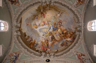 Dipinto del soffitto, fotografia interna, Chiesa parrocchiale cattolica di San Giorgio, Neustift, Valle dello Stubai, Tirolo, Austria, Europa da Unbekannter Künstler