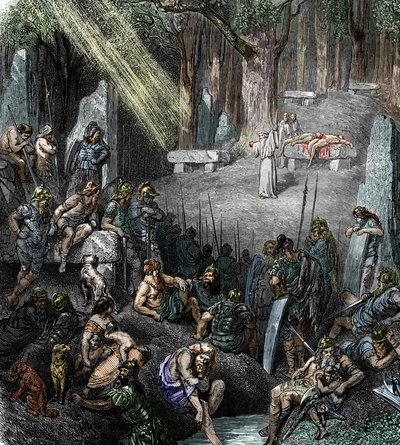 Antichità celtica: sacrificio umano durante una cerimonia presieduta da un druido alla presenza di famiglie e guerrieri in una foresta da Leopold Blonder