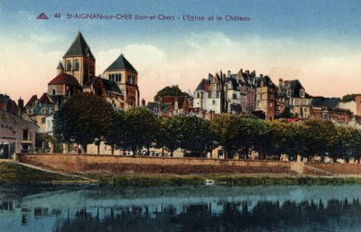 Centro, Loir et Cher (41), Saint Aignan sur Cher (Saint-Aignan-sur-Cher): vista della città con la chiesa e il castello - Cartolina fine XIX-XX secolo da Unbekannt
