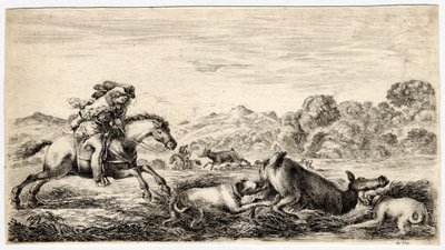 Caccia ad animali diversi: una cerva in una palude fermata da due cani da Unbekannter Künstler