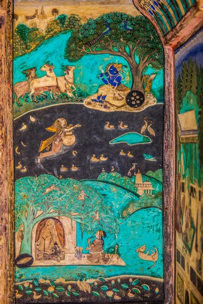 Cortile di Chittra Shala con dipinti virtuosi, Forte di Taragarh, Bundi, Rajasthan, India, Asia (foto) da Unbekannter Künstler