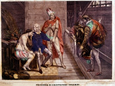 Cristoforo Colombo (Colombo) in catene nel 1500 al suo ritorno in Spagna - Incisione italiana del 1861 da Unbekannter Künstler