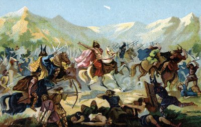 Clodoveo I (466-511), re dei Franchi, durante la battaglia di Tolbiac nel 496 contro la tribù germanica degli Alamanni, promise di convertirsi in caso di vittoria. Fine del XIX secolo (cromolitografia) da Unbekannter Künstler