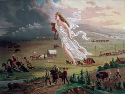 Concetto di Destino Manifesto: figura allegorica femminile che porta il filo del telegrafo elettrico, guida i pionieri americani e le ferrovie verso ovest, gli indiani d