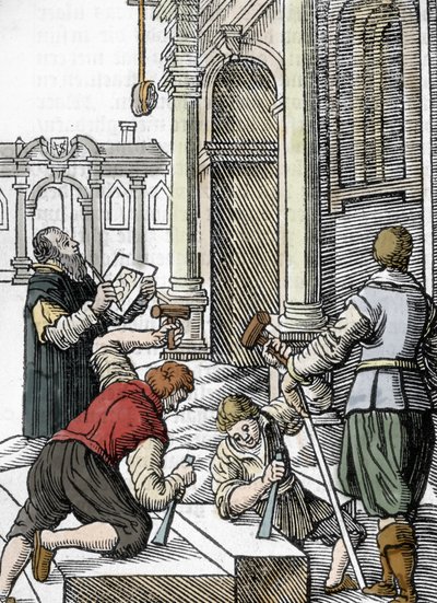 Costruzione di una cattedrale, scalpellini nel XIII-XIV secolo da Unbekannter Künstler