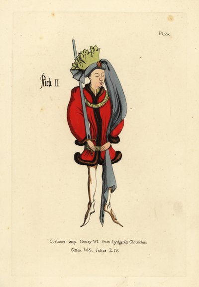 Costume di Re Riccardo II, in tunica corta e piena bordata di pelliccia, cintura ai fianchi con una cintura, scarpe a punta, copricapo rotondo con lunga coda e corona di stoffa tagliata a forma di foglie da Unbekannt