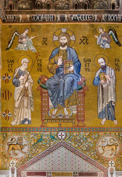 Controfacciata: mosaico "Maestà di Cristo in trono tra i Santi Pietro e Paolo", XII secolo, Cappella Palatina, Palazzo dei Normanni, Palermo, Sicilia, Italia da Unbekannter Künstler