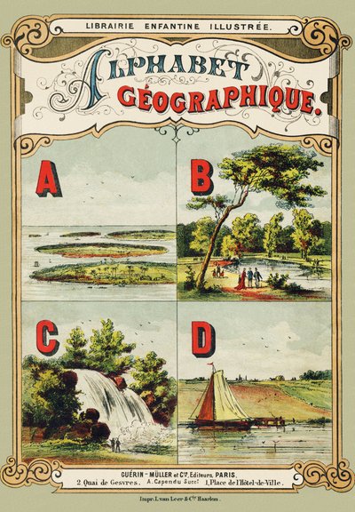 Copertina : A : arcipelago, B : Bois de Boulogne, C : cascata, D : diga - Gravura tratta da Alfabeto geografico. Guerin-Muller et Cie, editori, Parigi da Unbekannt