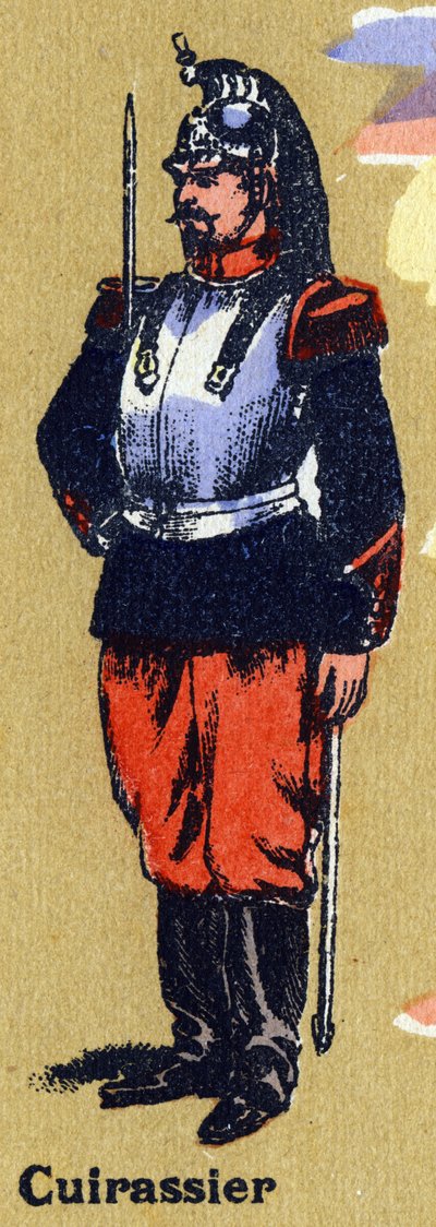 Corazziere in uniforme da soldato. Alfabeto illustrato. Imagerie riunite a Jarville-Nancy, inizio XX secolo. Dim: 40 x 29 cm. Litografia su sfondo bistro da Unbekannt
