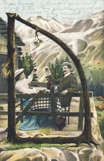 D : Un uomo e una donna seduti a un tavolo davanti a uno chalet di montagna brindano, un bicchiere di vino in mano - Alfabeto personaggi Rif Th. E., L. Theochrom - Serie 994. Theodor Eisman, editore, Lipsia da Unbekannt