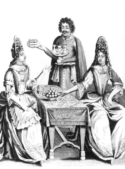 Dame che prendono rinfreschi nel 17° secolo (dopo il 1670) - donne che prendono rinfreschi nel 17° secolo - moda acconciatura copricapo ventaglio caffè bar Francia da Unbekannter Künstler