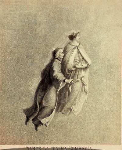 Dante e Beatrice volano attraverso il firmamento del Paradiso. Illustrazione del Canto I del Paradiso della Divina Commedia di Dante Alighieri. Opera di Francesco Scaramuzza dedicata al Comune di Firenze da Unbekannter Künstler
