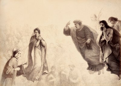 Dante e Beatrice davanti agli spiriti luminosi degli apostoli Pietro, Giacomo e Giovanni. Pietro ha il braccio alzato in segno di ira. Illustrazione del Canto XXVII del Paradiso della Divina Commedia di Dante Alighieri. Opera di Francesco Scaramuzza da Unbekannter Künstler