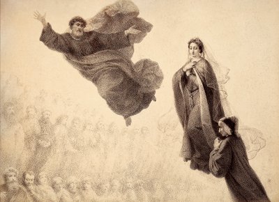 Dante e Beatrice incontrano San Pietro. Illustrazione del Canto XXIV del Paradiso della Divina Commedia di Dante Alighieri. Opera di Francesco Scaramuzza dedicata al Comune di Firenze. da Unbekannter Künstler