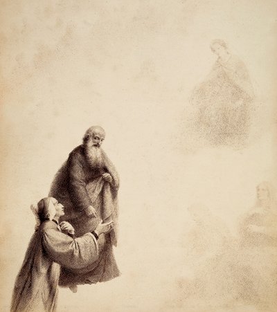 Dante, assistito da San Bernardo, vede Beatrice seduta su un trono tra i beati, in un alone di luce. Illustrazione del Canto XXXI del Paradiso della Divina Commedia di Dante Alighieri. Opera di Francesco Scaramuzza dedicata al Comune di Firenze. da Unbekannter Künstler