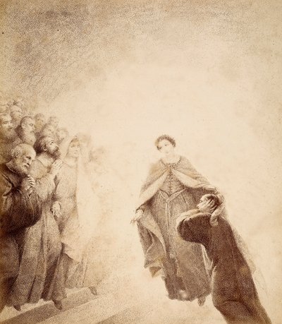 Dante si tappa le orecchie con le mani, sopraffatto dalle grida di ira lanciate dagli spiriti disposti lungo la scala. Illustrazione del Canto XVI del Paradiso della Divina Commedia di Dante Alighieri. Opera di Francesco Scaramuzza dedicata al Comune di Fi da Unbekannter Künstler
