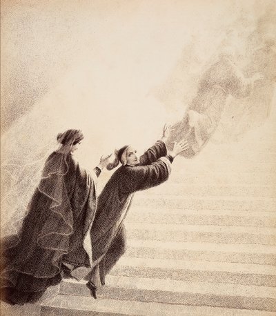 Dante, spinto da un semplice segno di Beatrice, sale la scala dorata dopo gli spiriti beati. Illustrazione del Canto XVII del Paradiso della Divina Commedia di Dante Alighieri. Opera di Francesco Scaramuzza dedicata al Comune di Firenze. da Unbekannter Künstler