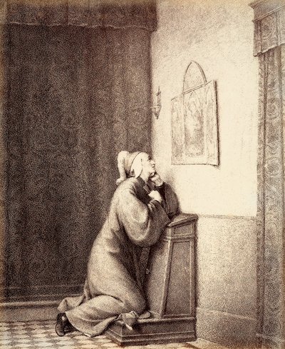 Dante in ginocchio in preghiera, con lo sguardo rivolto a un trittico. da Unbekannter Künstler