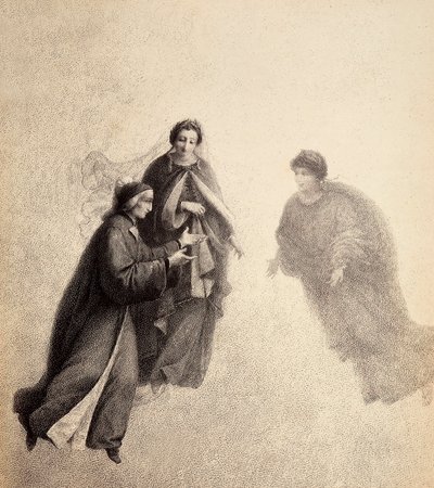 Dante, sollecitato da Beatrice, parla con uno spirito pio. Illustrazione del Canto V del Paradiso della Divina Commedia di Dante Alighieri. Opera di Francesco Scaramuzza dedicata al Comune di Firenze. da Unbekannter Künstler