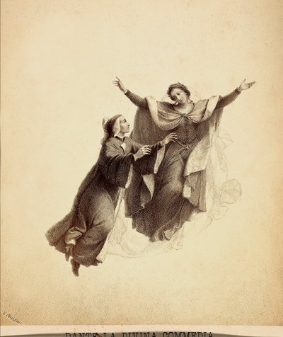 Dante, con le braccia aperte, guidato in volo da Beatrice attraverso il firmamento del Paradiso. Illustrazione del Canto I del Paradiso della Divina Commedia di Dante Alighieri. Opera di Francesco Scaramuzza dedicata al Comune di Firenze da Unbekannter Künstler