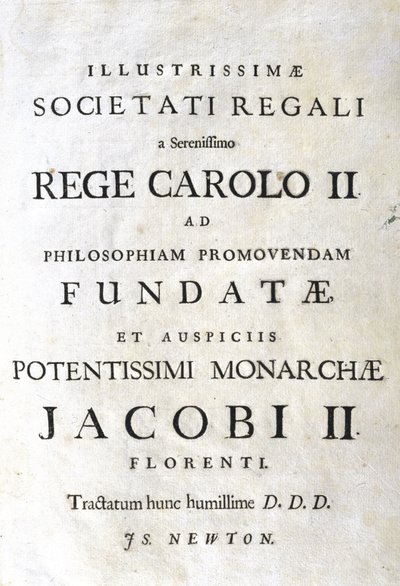 Pagina di dedica dei Principia Mathematica di Newton da Unbekannt