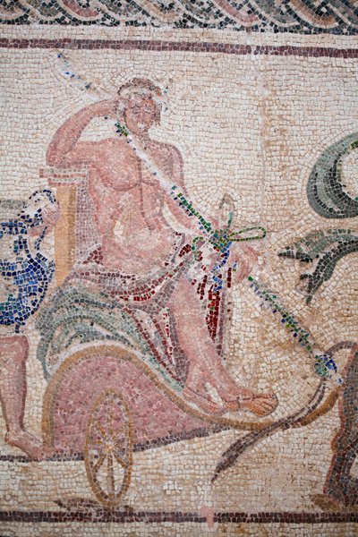 (dettaglio) Il trionfo di Dioniso - Ritorno del dio da una spedizione militare in India - Dioniso seduto su un carro trainato da due pantere - Mosaici di Paphos, Casa di Dioniso, Fine del II secolo d.C. - Cipro da William M. Timlin