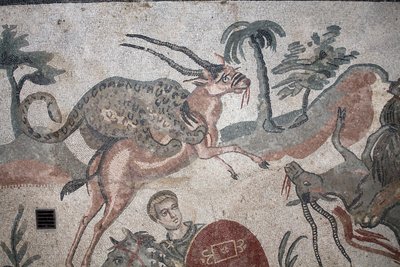 Dettaglio del mosaico della grande caccia. Un leopardo attacca una gazzella. III - IV secolo. Villa Romana del Casale, Sicilia. Sito UNESCO. da William M. Timlin