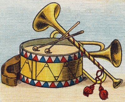 Tamburo e tromba. Incisione in "Alfabeto della mia bambina". Bernardin-Bechet e Fils, librai-editori, Parigi, circa 1895. Album infrangibile su tela. Biblioteca dei Bebè. 12 pagine. Album contenente un metodo di lettura e un abecedario illustrato da Unbekannt