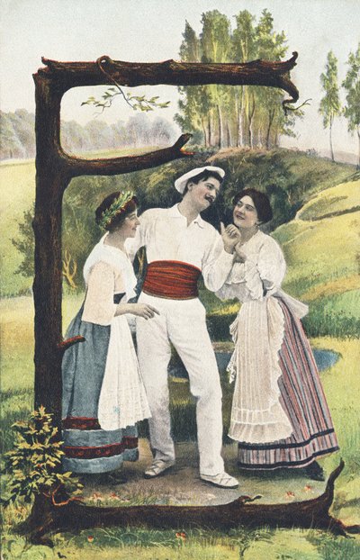 E : Un uomo vestito di bianco e rosso si trova in piedi tra due donne con gonna, corpetto e grembiule. Ambiente campestre - Alfabeto personaggi Rif Th. E., L. Theochrom - Serie 994. Theodor Eisman, editore, Lipsia da Unbekannt