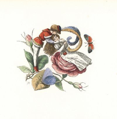 Elfo che flirta con una fata su un bocciolo di rosa da Unbekannter Künstler