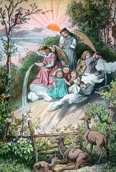 Incisione che raffigura angeli che versano la rugiada del mattino, Germania anni 