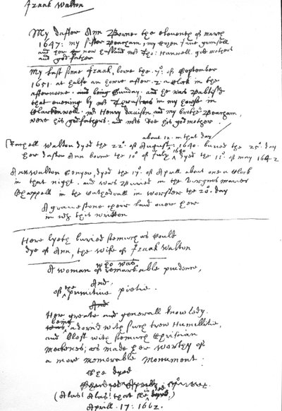 Annotazioni di Izaak Walton sulla sua copia del Libro della Preghiera Comune, dopo il 1662 da Unbekannt