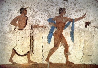 Ephebos preceduto da un musicista e un maestro di cerimonie, dalla Tomba del Tuffatore, 480 a.C. (pittura murale) da Unbekannter Künstler