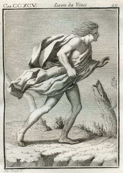 Studio di un uomo che cammina contro il vento, con le vesti e i capelli scompigliati dalle folate e il corpo sbilanciato in avanti. Incisione da 